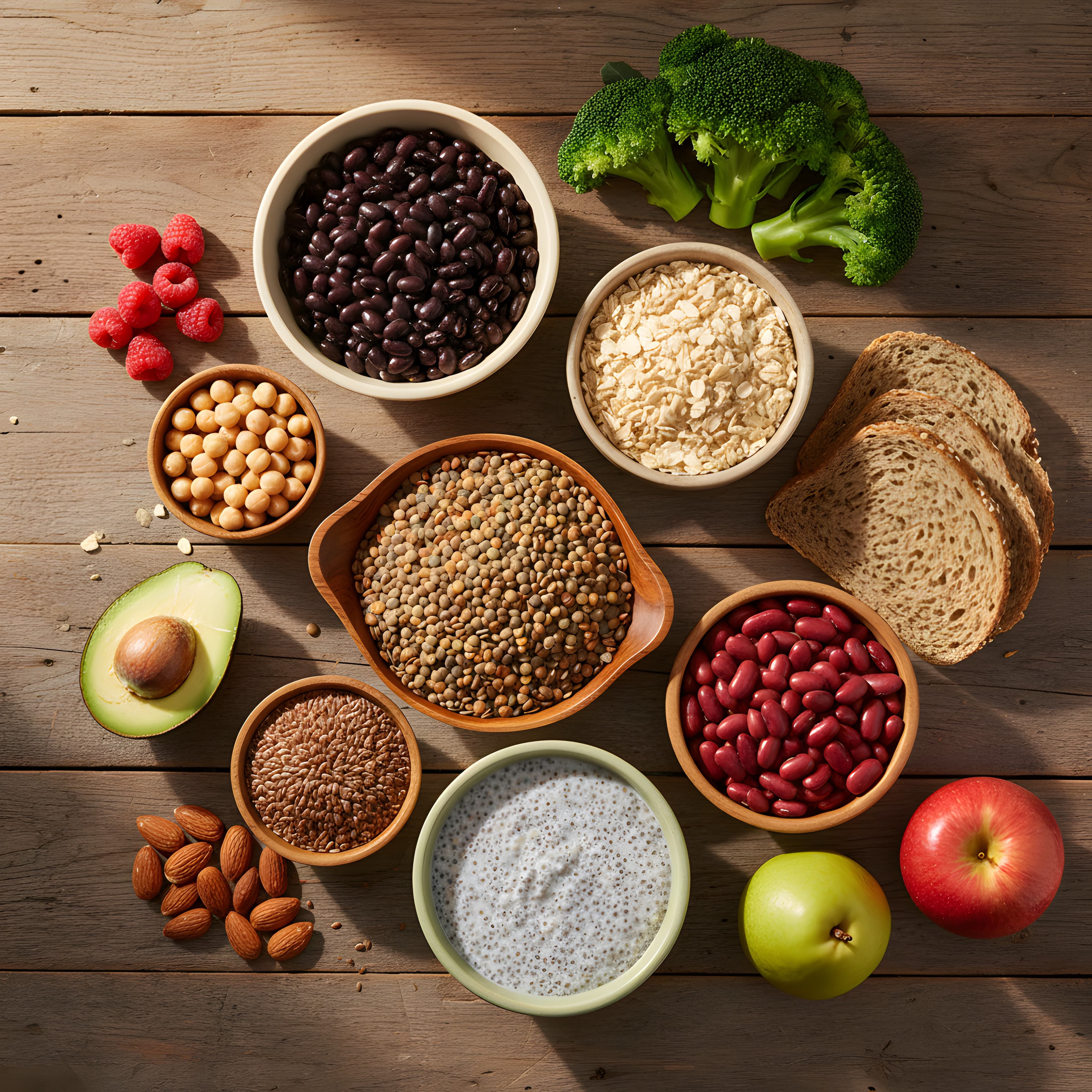Tigela de aveia com frutas vermelhas, sementes e castanhas sobre uma mesa, ao lado de leguminosas e frutas
