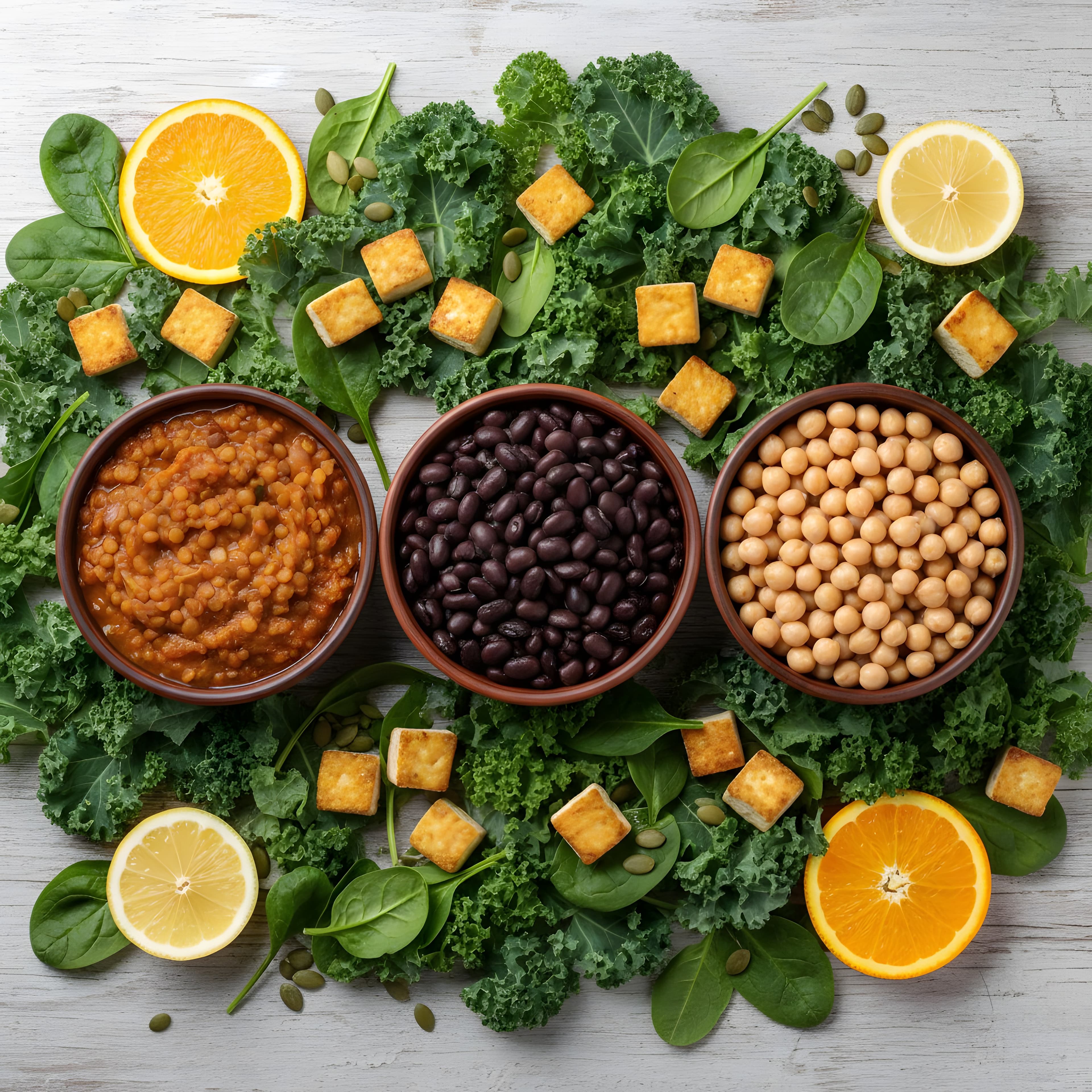 Tigelas de lentilha, feijão, grão-de-bico, tofu e folhas verde-escuras, alimentos ricos em ferro e proteína