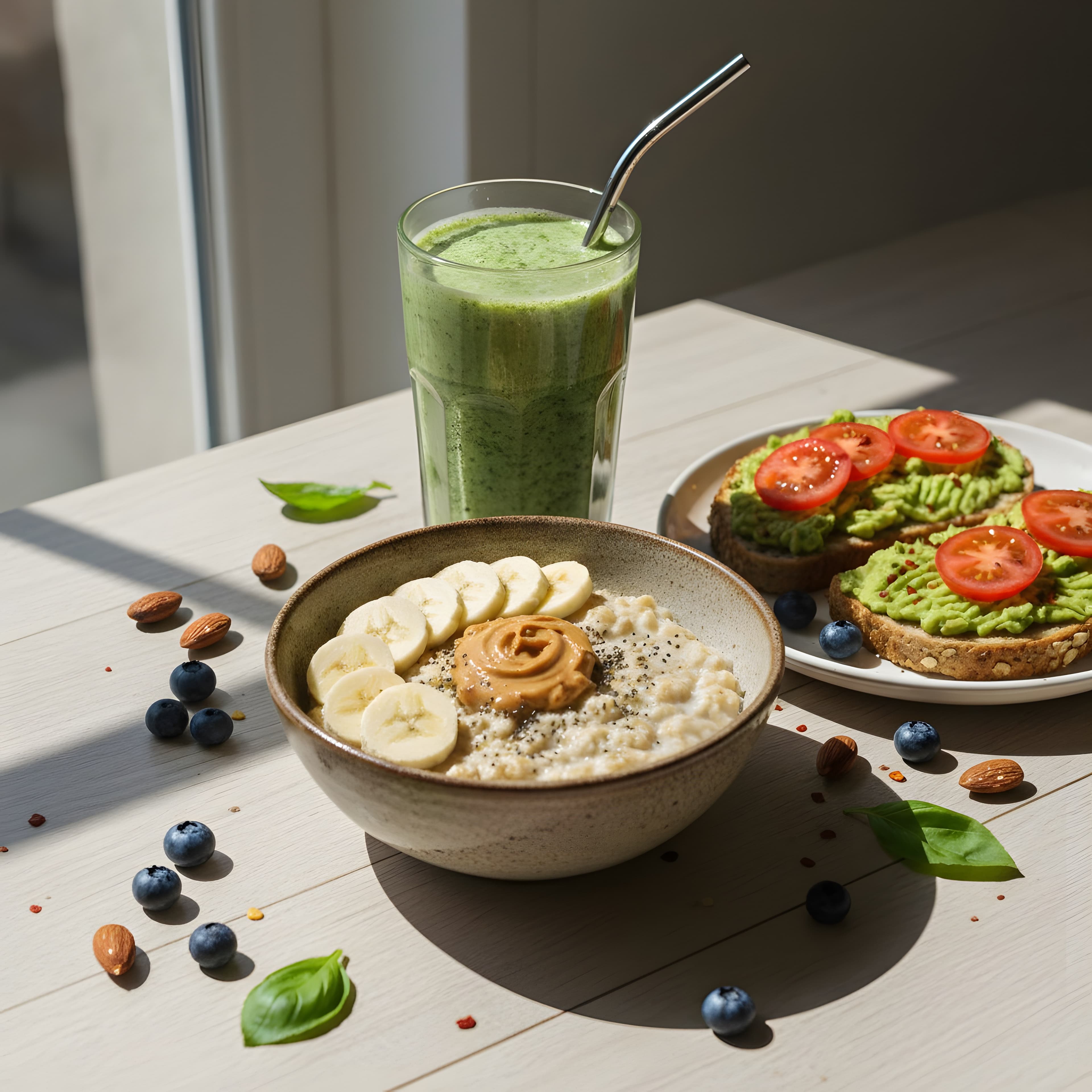 Café da manhã vegano com tigela de aveia, torrada de abacate e smoothie
