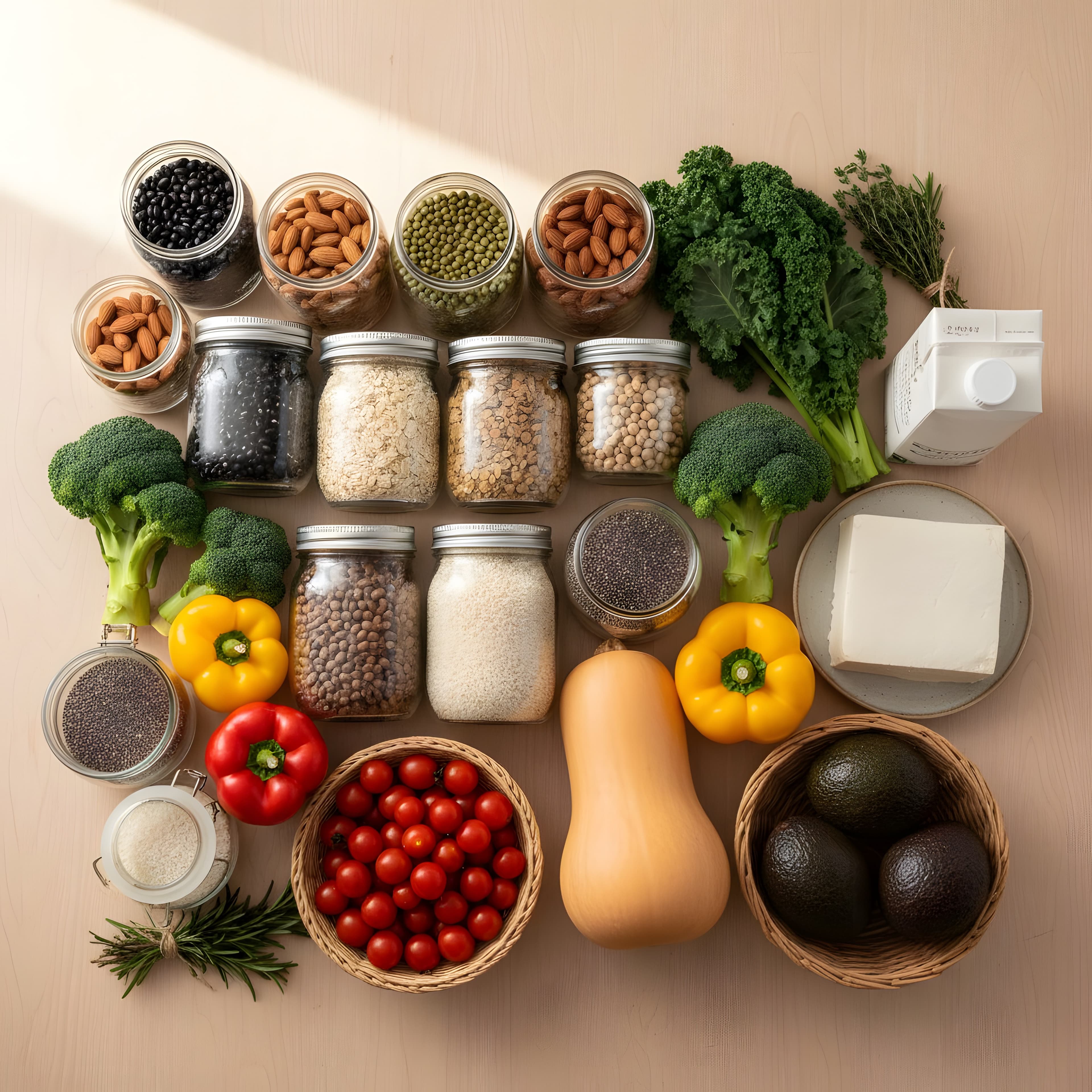 Despensa vegana organizada com potes de grãos, leguminosas, aveia e tofu sobre mesa de madeira