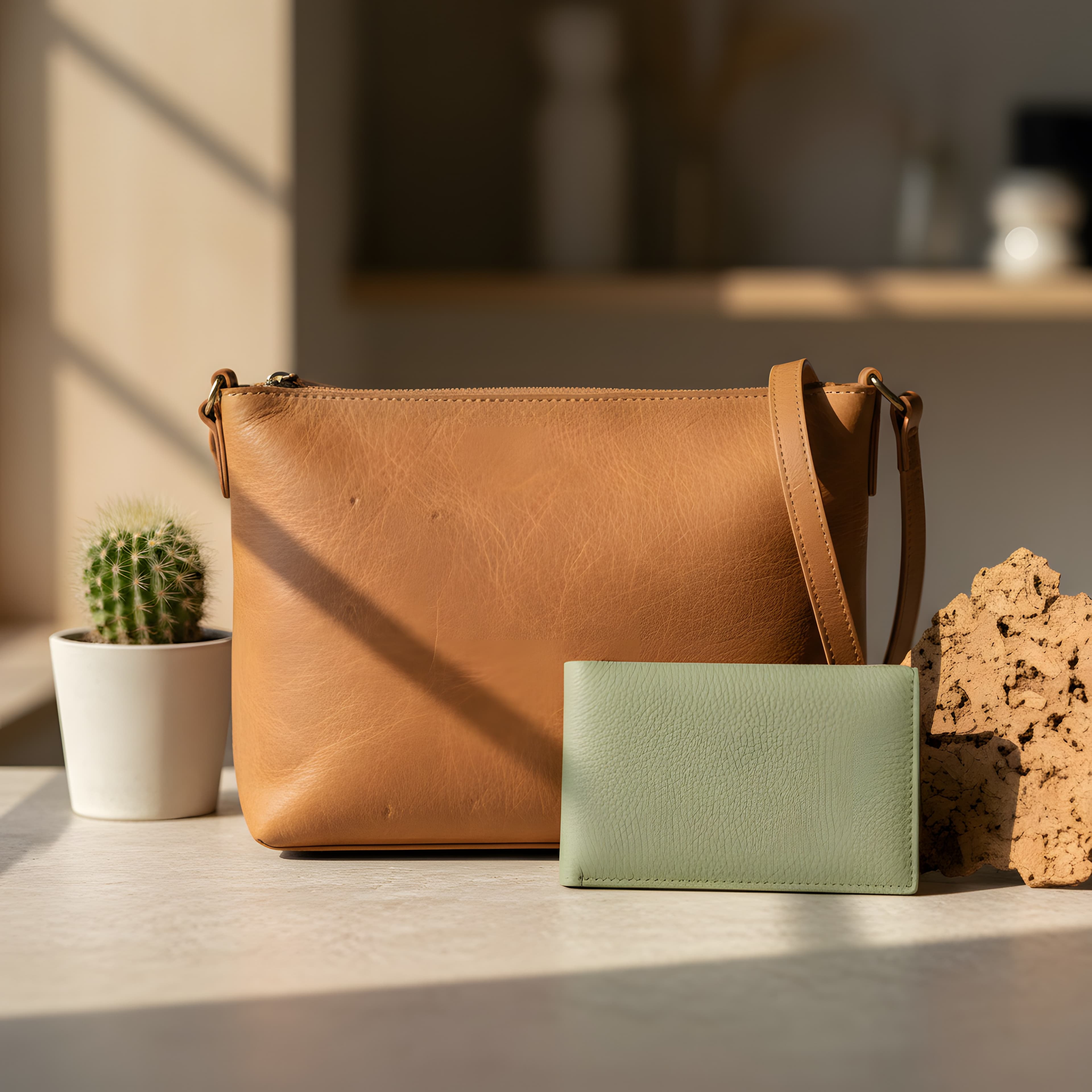 Bolsa e carteira de couro vegano de cacto e maçã em tons terrosos, ao lado de um cacto