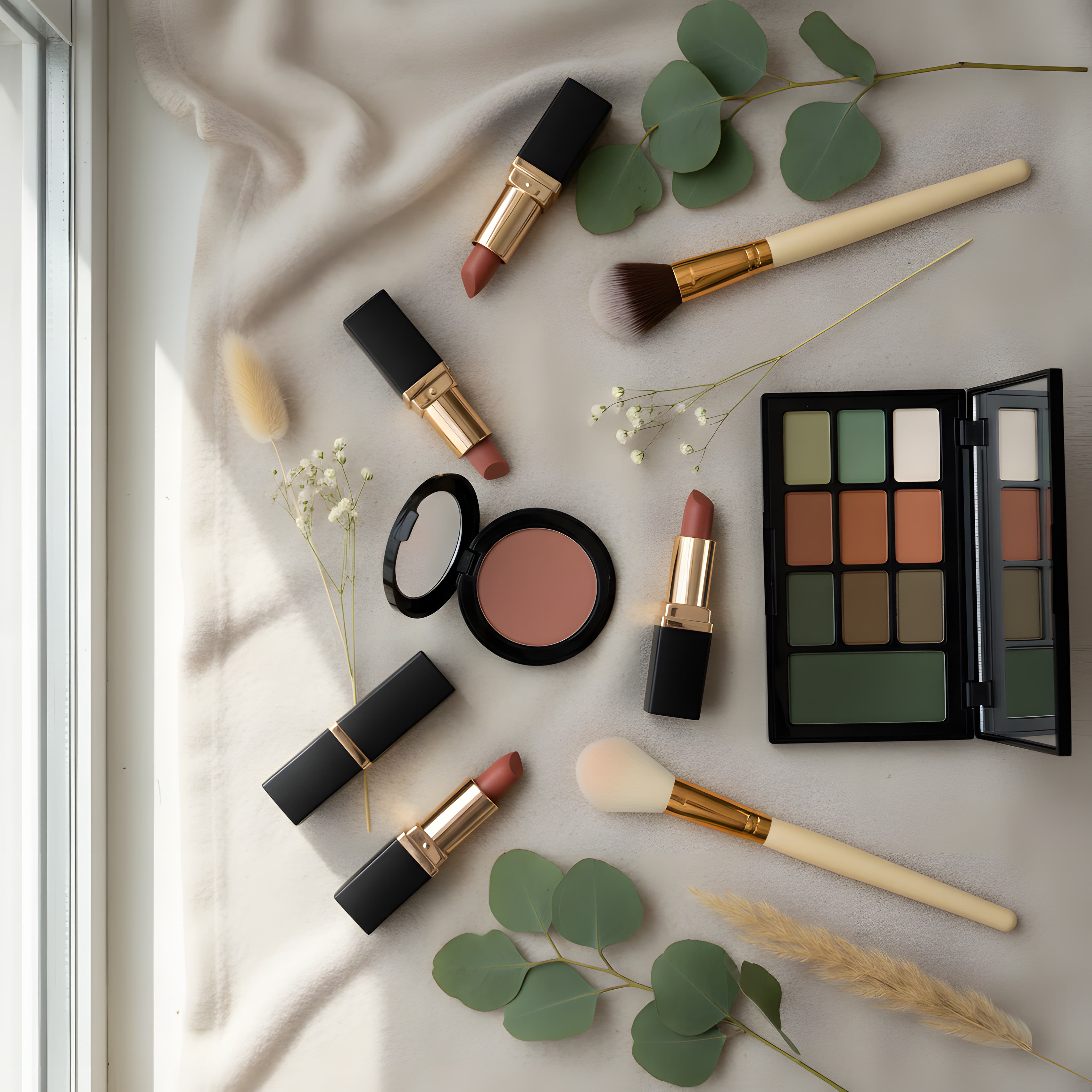 Flat lay de maquiagem vegana e cruelty-free com pincéis, batons e folhas de eucalipto