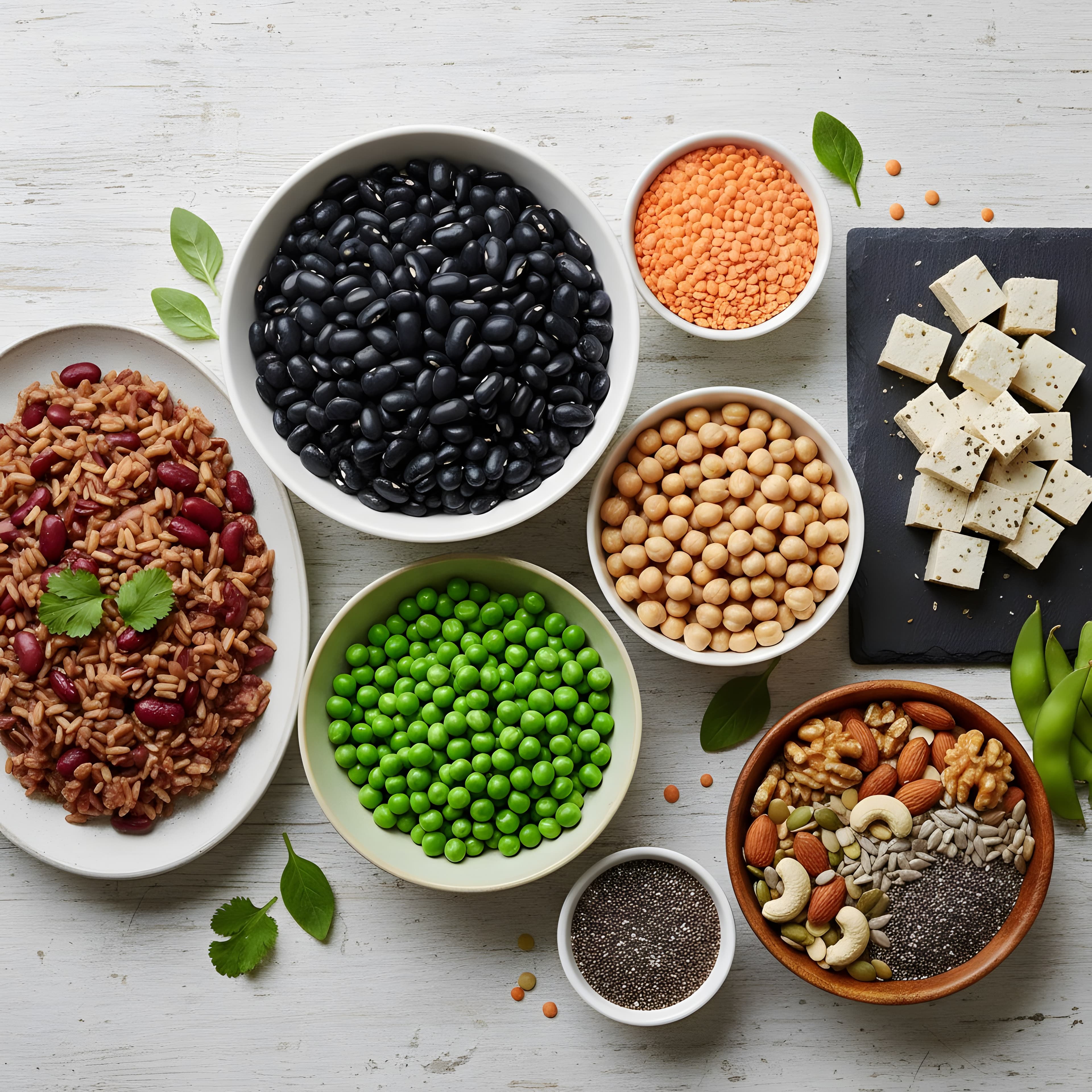 Tigelas de feijão, lentilha, grão-de-bico, tofu, edamame e castanhas, fontes de proteína vegetal