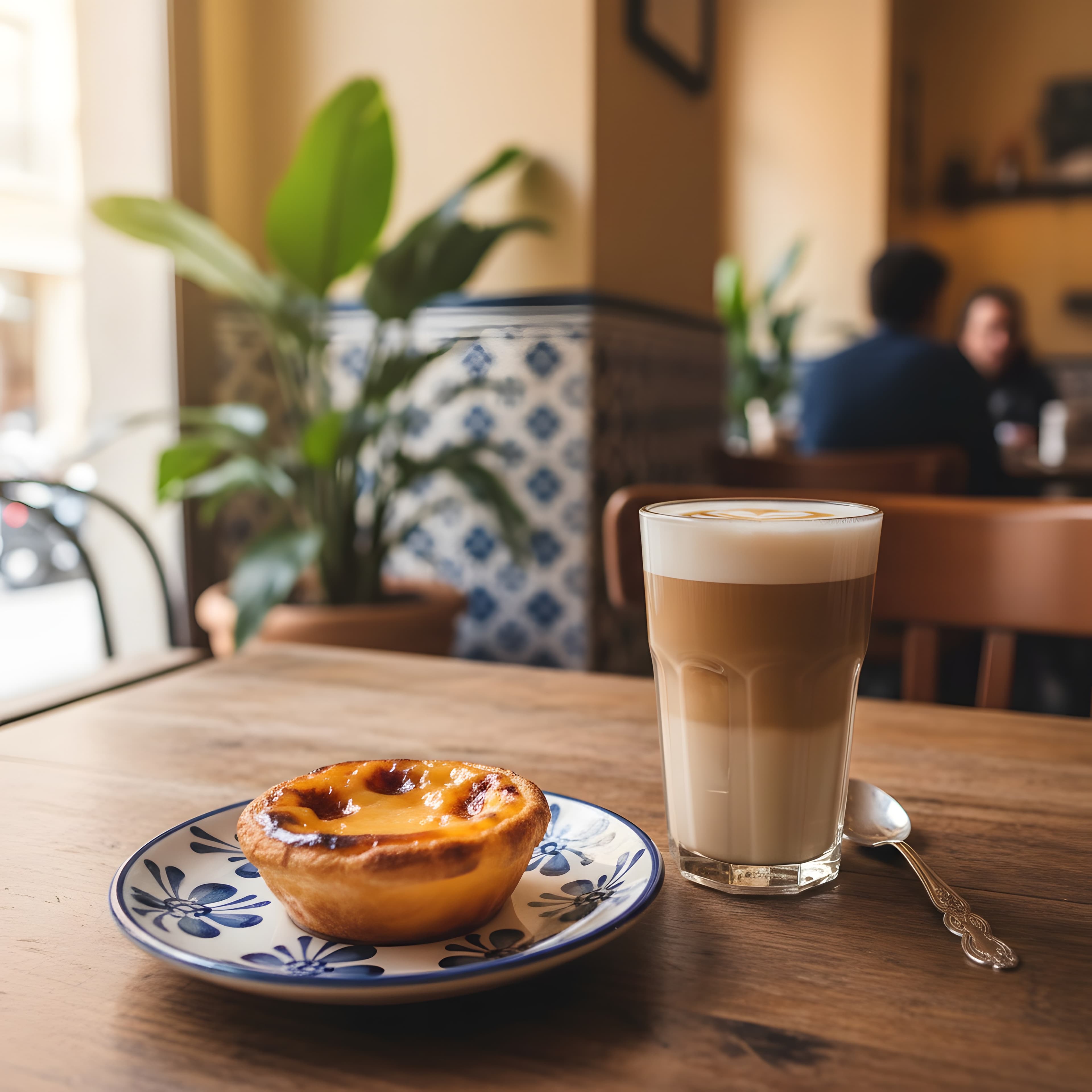 Pastel de nata vegano dourado sobre prato em um café no Chiado, Lisboa