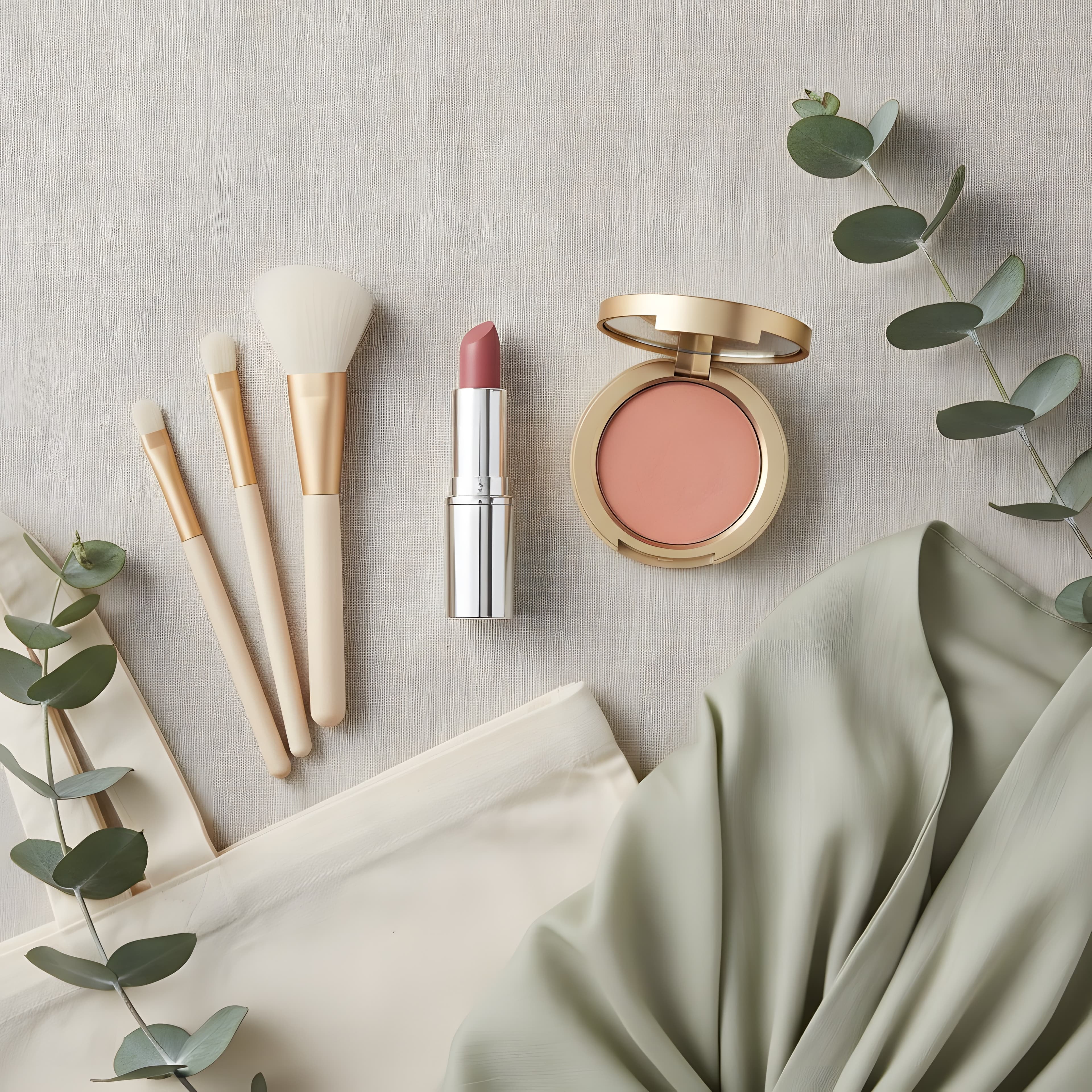 Flat lay de produtos de beleza cruelty-free, pincéis, bolsa de tecido e folhas de eucalipto