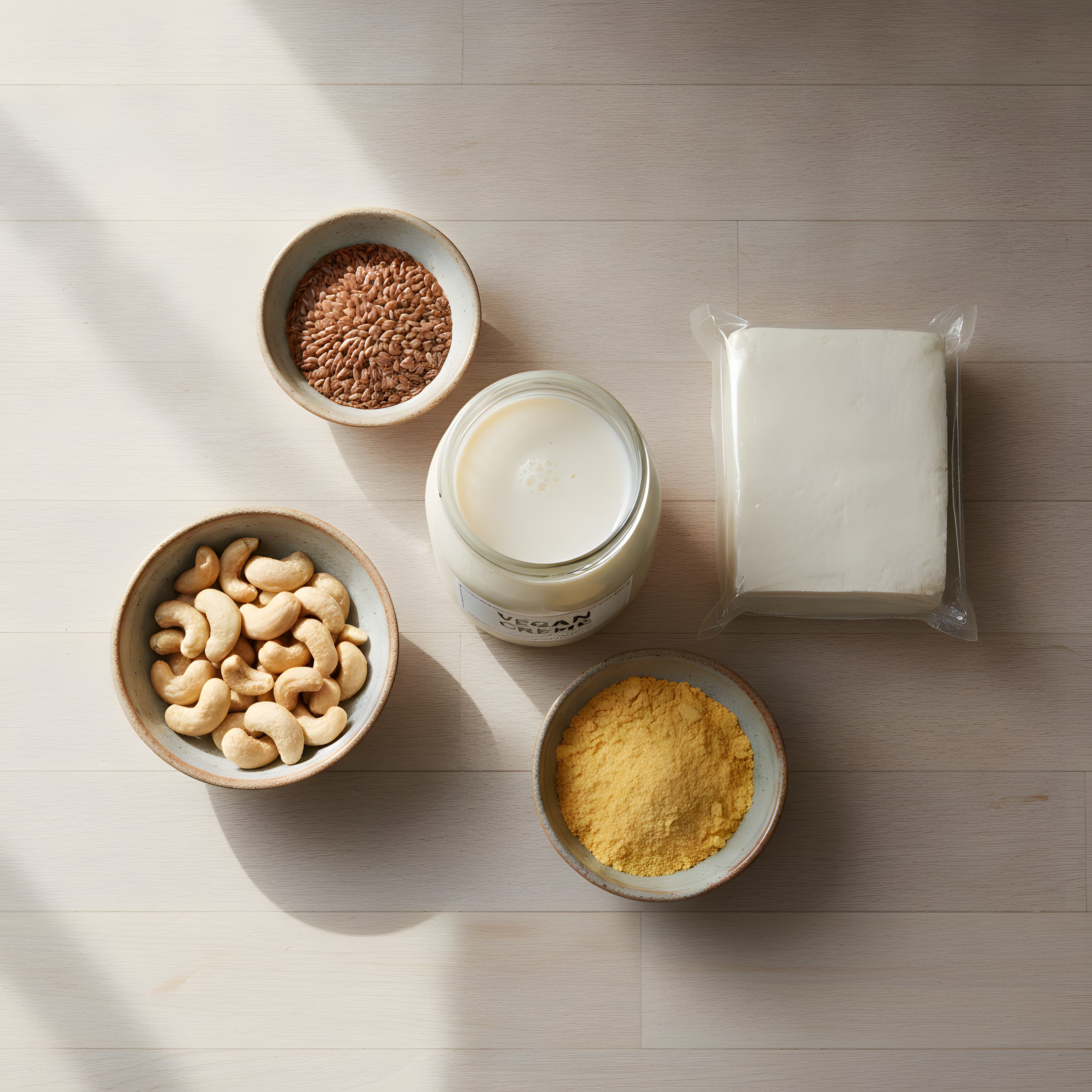Ingredientes veganos de substituição organizados na bancada: leite vegetal, castanhas, linhaça e tofu