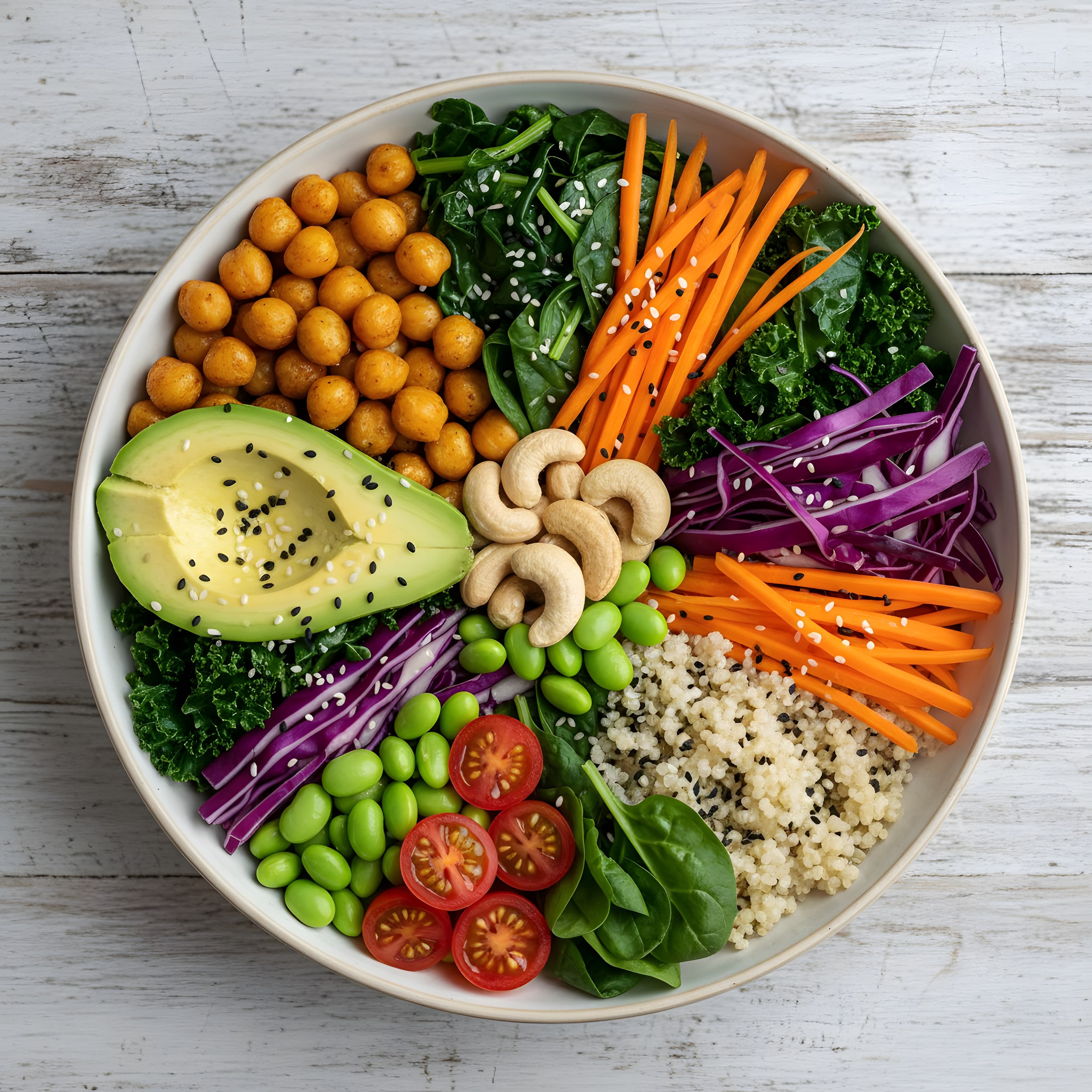 Buddha bowl vegano visto de cima: grão-de-bico, abacate, cenoura, couve, repolho roxo, edamame, quinoa e castanhas