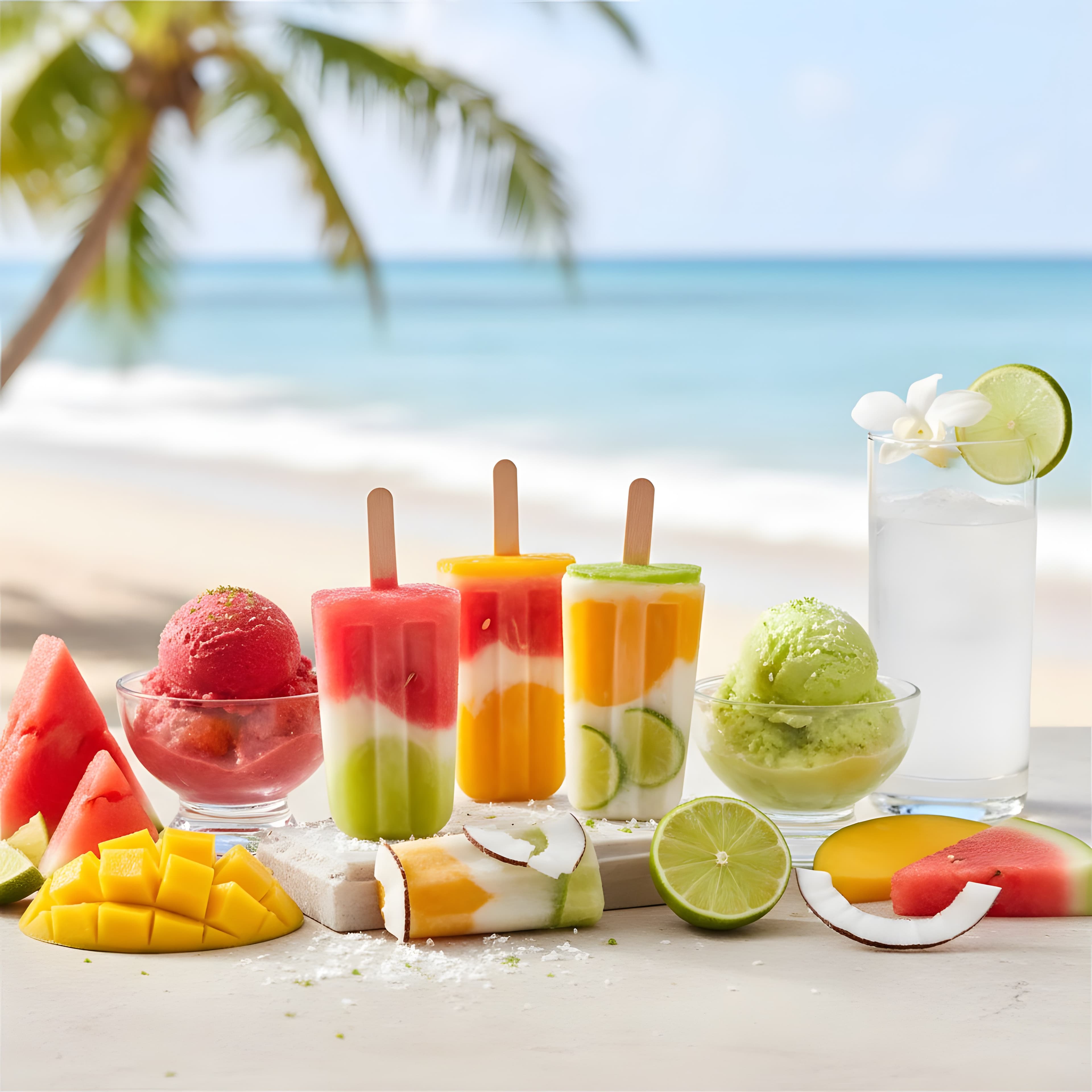 Picolés de fruta, sorvete natural e frutas tropicais fatiadas num clima de verão
