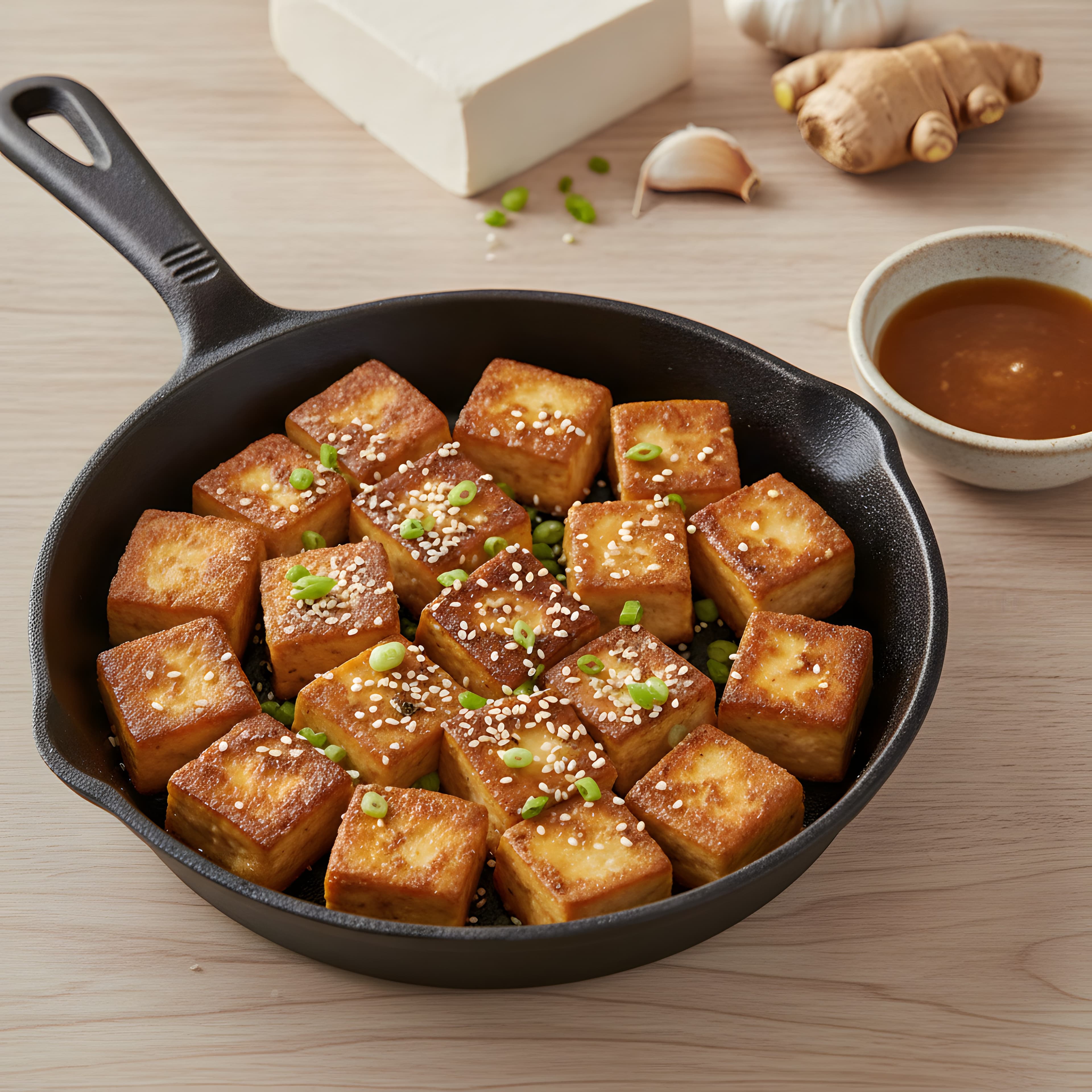 Cubos de tofu dourados e crocantes numa frigideira, com gergelim e cebolinha